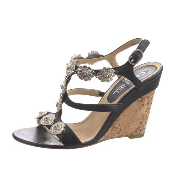 Chanel Black/Silver Camellia Leather Slingback Cork Platform Sandals 7 (37.5) - Picture 1 of 11